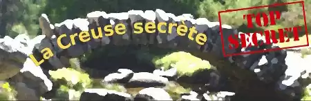 Ancienne bannière La Creuse Secrète : un dolmen, le nom du site et le tampon Top Secret